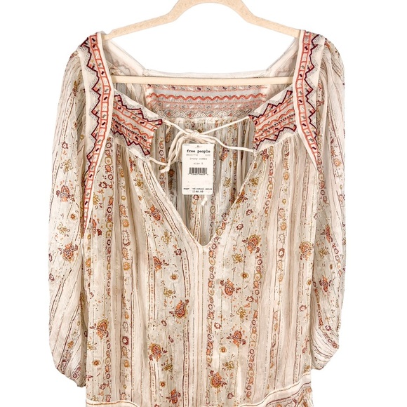 Free People Dance Magic Sheer Tunic Top Size Small Ivory Boho Embroidered Casual - Picture 12 of 13